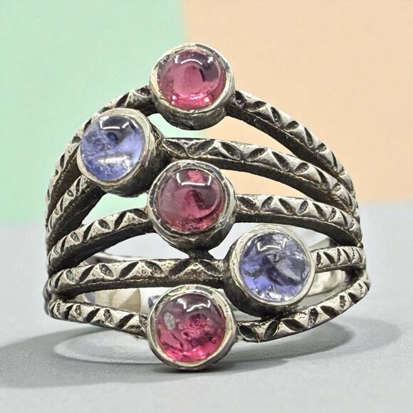 Handmade Jewelry - Natural Tanzanite Pink Tourmaline Ring 925 Sterling Silver Size 8